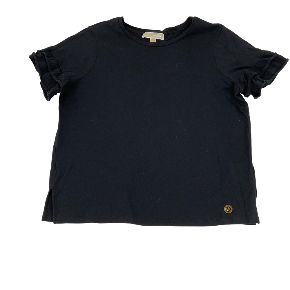 Michael Michael Kors Womens Black Ruffle Sleeve Crew Neck T-Shirt Top Large‎ MK